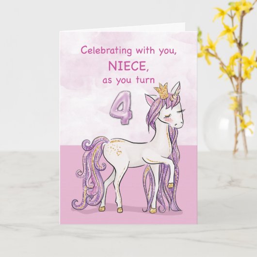 4歳の誕生日おめでとう!王冠をかぶったピンクの馬 カード (黄色い花)