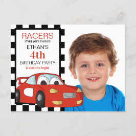 4歳の誕生日おめでとう 赤いレーシングカー 黒と白の市松模様 ポストカード