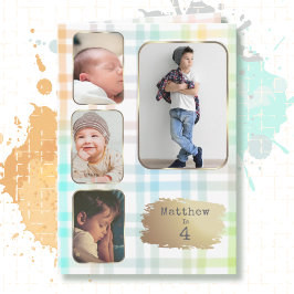 4歳の誕生日おめでとう 4枚の写真で作るボーイチェック柄の水彩画デザイン カード