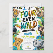 4歳の誕生日おめでとう Four Ever Wild 動物パーティー 招待状 (正面)