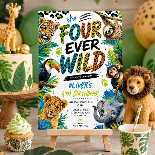 4歳の誕生日おめでとう Four Ever Wild 動物パーティー 招待状