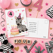 4歳の誕生日お祝い女の子用ゼブラポストカード