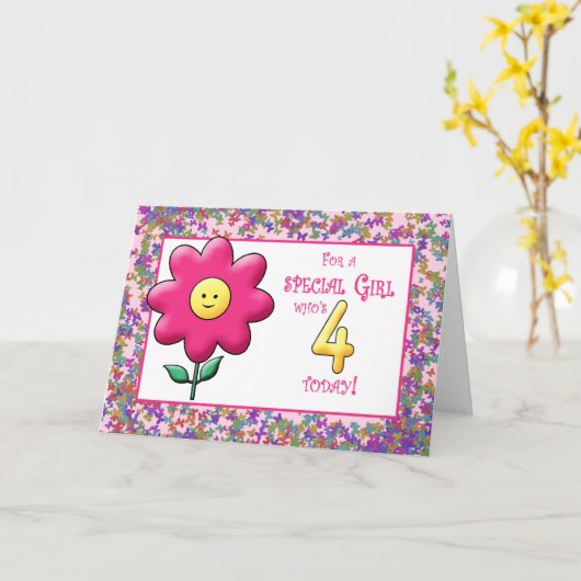 4歳の誕生日かわいいピンクの花と カード (黄色い花)