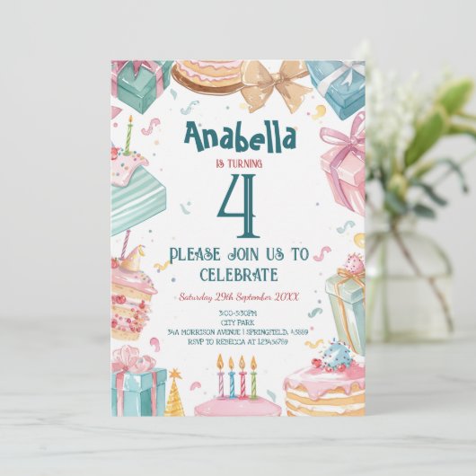 4歳の誕生日とケーキの子供の誕生日パーティー 招待状 (スタンド正面)