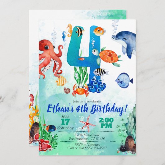 4歳の誕生日に海の招待状の下で 招待状 (正面/裏面)