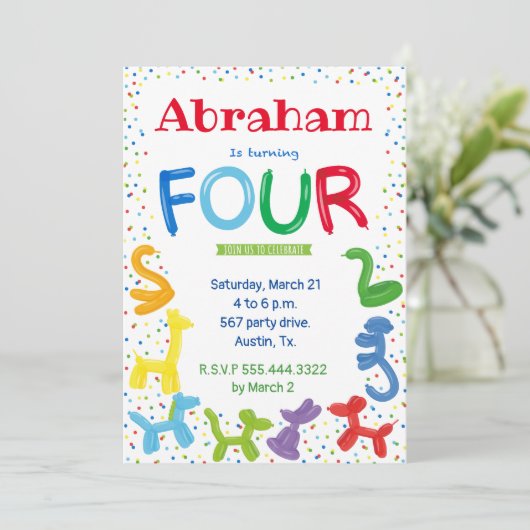 4歳の誕生日の動物の風船の招待 招待状 (スタンド正面)