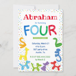 4歳の誕生日の動物の風船の招待 招待状