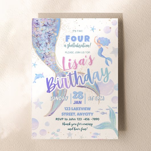4歳の誕生日を祝う人魚の女の子ギフト 招待状