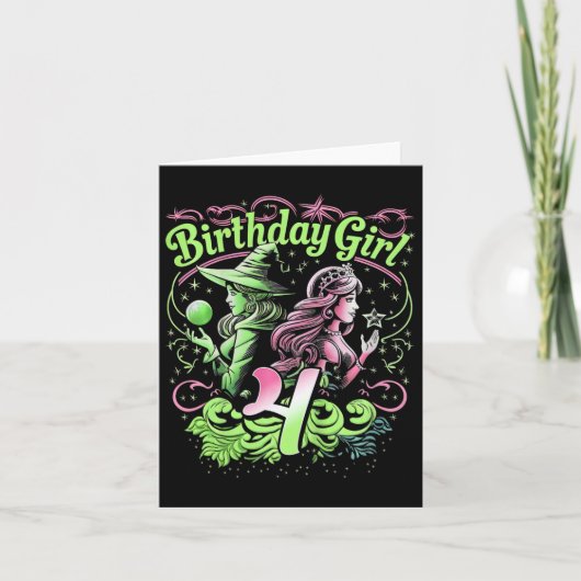 4歳の誕生日を迎えた魔女の女の子 ピンクとグリーン カード (正面)