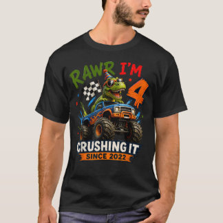 4歳の誕生日を迎える子供のためのモンスタートラックのデザインTシャツ Tシャツ