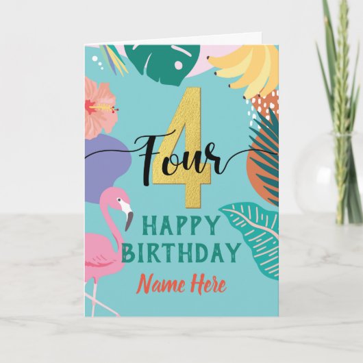 4歳の誕生日を迎える熱帯フラミンゴの植物の花 カード (正面)