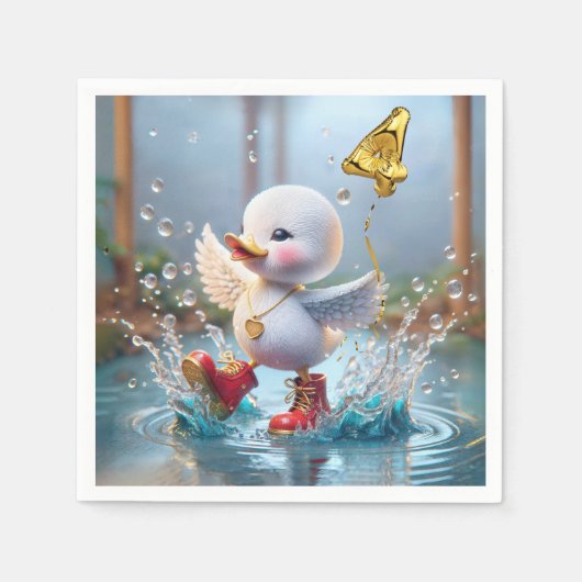 4歳の誕生日アヒル 雨溜りでダンス スタンダードカクテルナプキン (正面)