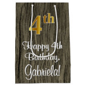 4歳の誕生日エレガント:フェイク金ゴールドルック#,フェイク Wood ミディアムペーパーバッグ (裏面)