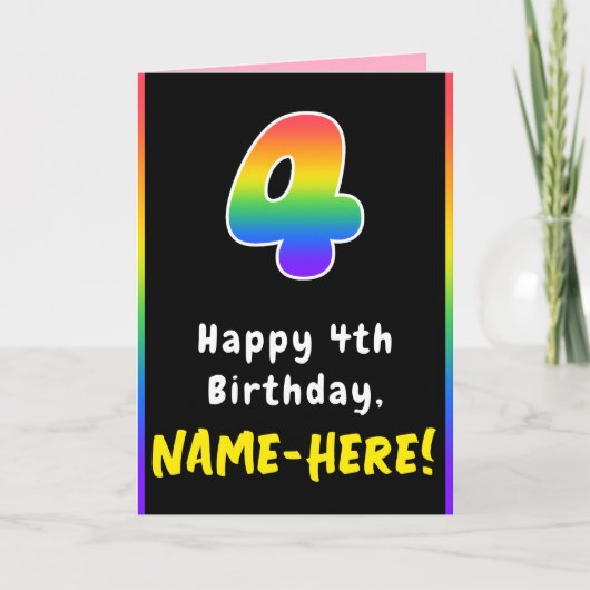 4歳の誕生日カラフル:虹4、名前をカスタムする カード (正面)