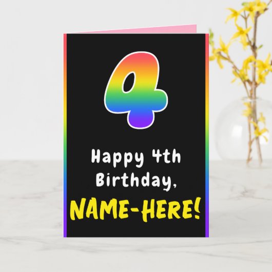 4歳の誕生日カラフル:虹4、名前をカスタムする カード (黄色い花)