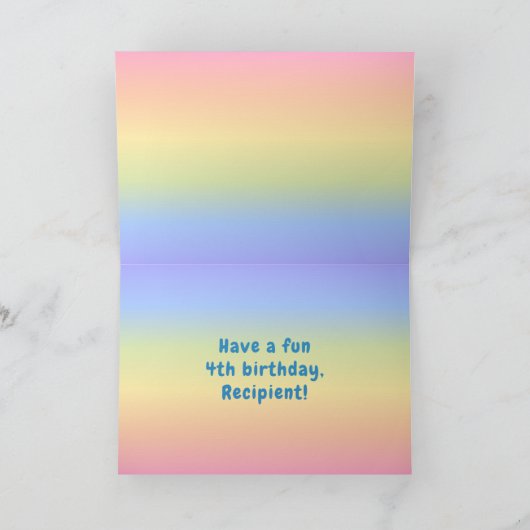 4歳の誕生日カラフル:虹4、名前をカスタムする カード (内部)