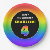 4歳の誕生日カラフル：虹4、名前をカスタムする ペーパープレート (正面)