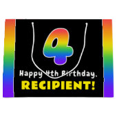 4歳の誕生日カラフル：虹4、名前をカスタムする ラージペーパーバッグ (正面)