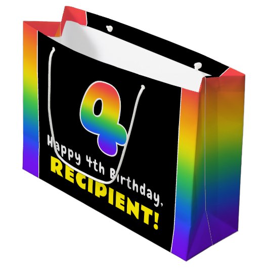 4歳の誕生日カラフル:虹4、名前をカスタムする ラージペーパーバッグ (正面アングル)