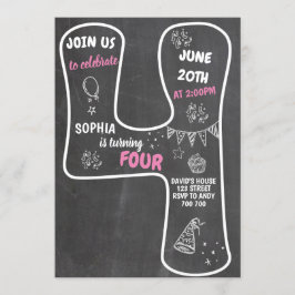 4歳の誕生日ガール·チャルクボード·ピンク·ナンバー 招待状