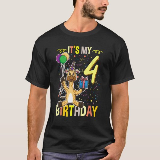 4歳の誕生日キリン動物 Tシャツ (正面)