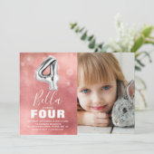 4歳の誕生日シルバーバルーン | ピンクフォトパーティー 招待状 (スタンド正面)