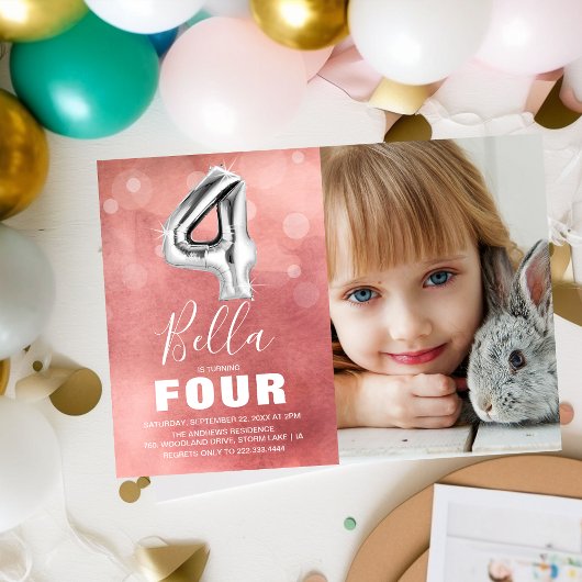 4歳の誕生日シルバーバルーン | ピンクフォトパーティー 招待状