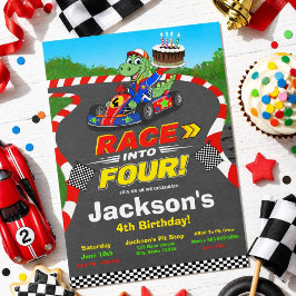 4歳の誕生日ダイナソーレースカー準備完了の招待状 招待状