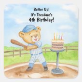 4歳の誕生日ティーボールテディベア野球 スクエアシール (正面)