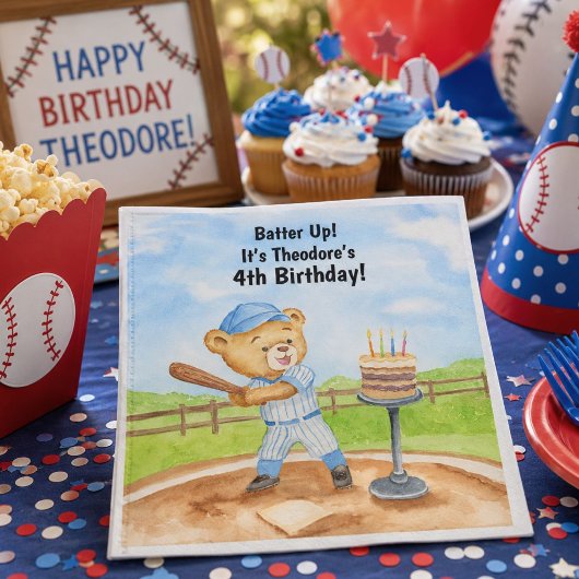 4歳の誕生日ティーボールテディベア野球 スタンダードカクテルナプキン