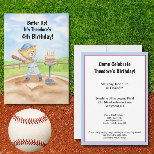 4歳の誕生日ティーボールテディベア野球 招待状
