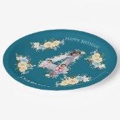 4歳の誕生日ティール(緑がかった色)写真コラージュ青い黄色の花 ペーパープレート (アングル)