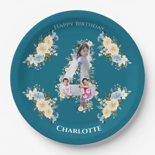 4歳の誕生日ティール(緑がかった色)写真コラージュ青い黄色の花 ペーパープレート (正面)