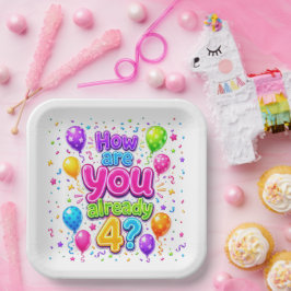 4歳の誕生日ネオン パーティー 風船と紙吹雪 ペーパープレート
