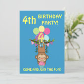 4歳の誕生日パーティーかわいいサル+バルーンカラフルズ 招待状 (スタンド正面)