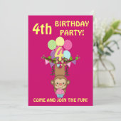 4歳の誕生日パーティーかわいいサル+バルーンカラフルズ 招待状 (スタンド正面)