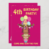 4歳の誕生日パーティーかわいいサル+バルーンカラフルズ 招待状 (正面/裏面)