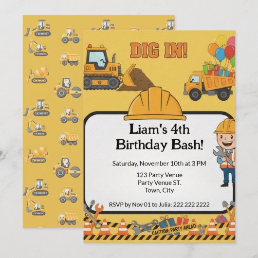 4歳の誕生日パーティーのご案内|男の子 トラック 招待状 (正面/裏面)