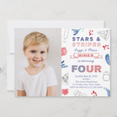 4歳の誕生日パーティースターとストライプピザ 招待状 (正面)