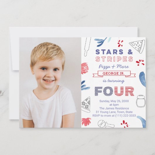 4歳の誕生日パーティースターとストライプピザ 招待状 (正面)