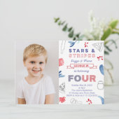 4歳の誕生日パーティースターとストライプピザ 招待状 (スタンド正面)