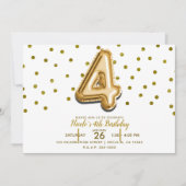 4歳の誕生日パーティー用ゴールドバルーンと紙吹雪4個セット 招待状 (正面)