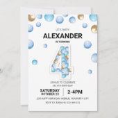 4歳の誕生日パーティー、ブルーと金ゴールドバルーンボーイ 招待状 (正面)