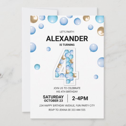 4歳の誕生日パーティー、ブルーと金ゴールドバルーンボーイ 招待状 (正面)