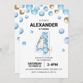 4歳の誕生日パーティー、ブルーと金ゴールドバルーンボーイ 招待状 (正面/裏面)