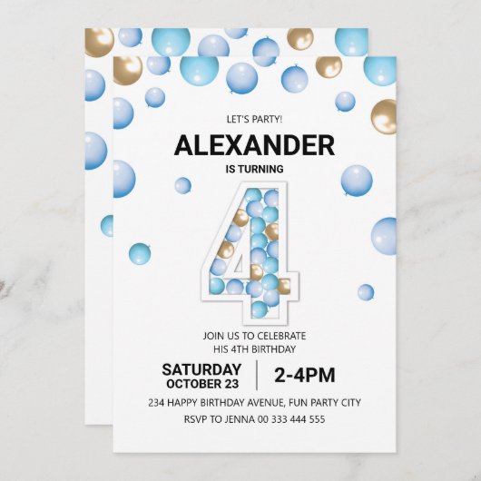 4歳の誕生日パーティー、ブルーと金ゴールドバルーンボーイ 招待状 (正面/裏面)