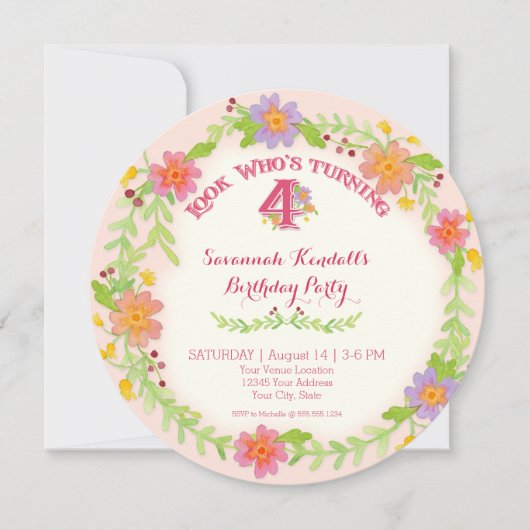 4歳の誕生日パーティー 女の子, 水彩花 招待状 (正面)