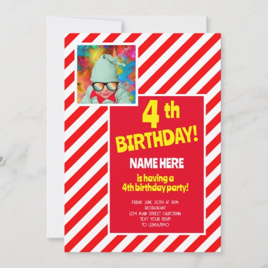 4歳の誕生日パーティー 赤と白のキャンディストライプ 誕生日 招待状 (正面)