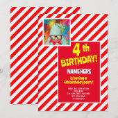 4歳の誕生日パーティー 赤と白のキャンディストライプ 誕生日 招待状 (正面/裏面)