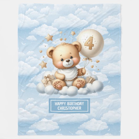 4歳の誕生日プレゼントのための青と金ゴールドのテディブランケット フリースブランケット (正面)